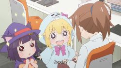 &gt;_&lt; 4girls animated anime_screenshot bat_wings claw_pose fushihara-san ghost_costume halloween halloween_costume hat hood hood_up indoors interior lily_(shachiku-san) mini_hat miyako_(shachiku-san) multiple_girls night scared shachiku-san_wa_youjo_yuurei_ni_lyyasaretai sound tagme video wings witch_hat yuurei-chan