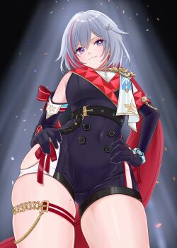 Rule 34 | 1girl, bare shoulders, belt, black gloves, blue eyes, breasts, detached sleeves, elbow gloves, gloves, grey hair, hair ornament, hairclip, highres, honkai: star rail, honkai (series), large breasts, lilipon, multicolored hair, red hair, short hair, smile, solo, thigh strap, thighs, topaz (honkai: star rail)
