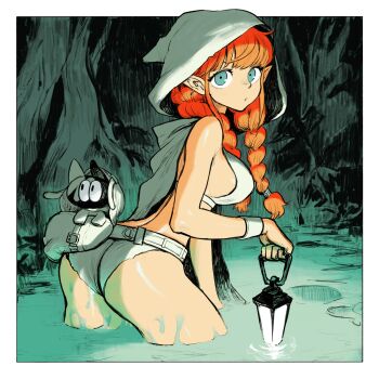 1girl ass blue_eyes breasts dattosan ear_piercing large_breasts looking_at_viewer orange_hair piercing pointy_ears shorts