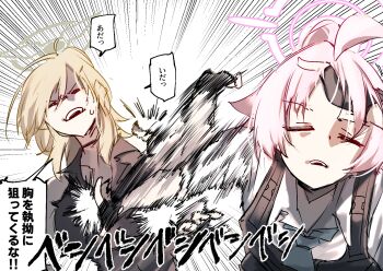 Rule 34 | 2girls, ahoge, black choker, black gloves, black shirt, blonde hair, blue archive, blue necktie, bulletproof vest, choker, closed eyes, commentary request, fingerless gloves, from above, ganma (nicoseiga52595768), gloves, hair slicked back, halo, highres, hoshino (armed) (blue archive), hoshino (blue archive), jujutsu kaisen, long hair, medium hair, meme, motion lines, multiple girls, naoya hitting choso without looking (meme), necktie, official alternate costume, parody, pink hair, pink halo, ponytail, shaded face, shirt, sleeveless, sleeveless shirt, smear frame, speech bubble, speed lines, suou (blue archive), sweatdrop, teeth, translation request, upper teeth only, v-shaped eyebrows, white shirt, yellow halo