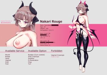 1girl 1rennom1 absurdres areola_slip black_tail black_wings breasts brown_hair commentary demon_girl demon_horns demon_tail demon_wings english_commentary full_body highres horns large_breasts low_wings multiple_views nipples original pubic_tattoo purple_eyes reference_sheet slit_pupils tail tattoo wings