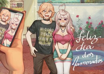 +_+ 1boy 1girl 3others :d ahoge aqua_shorts awkward birdcage blonde_hair blush breasts brown_pants bush cage cellphone choker cleavage commentary couple cowboy_shot crop_top cubi_(vocaloid) earrings embarrassed empty_eyes english_commentary excited facial_tattoo false_smile fang flower hand_on_another&#039;s_back hand_on_own_hip heart heart_ahoge hetero holding holding_phone jewelry large_breasts long_hair looking_at_viewer maika_(vocaloid) medium_hair midriff mixed-language_commentary multicolored_hair multiple_others nail_polish navel necklace nervous nervous_sweating nova_(vocaloid) open_mouth orange_eyes own_hands_together pants phone pink_hair portuguese_commentary portuguese_text red_eyes red_nails shg_(hiomaika) shirt shorts single_earring smile spanish_text sparkle sparkling_eyes sweat sweatdrop t-shirt taking_picture tattoo thighhighs translated two-tone_hair vocaloid white_hair yohioloid