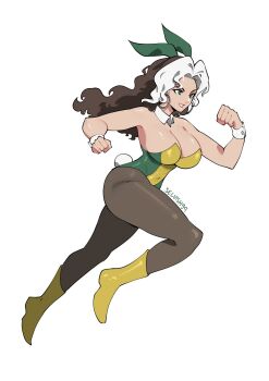 1girl breasts brown_hair colored_bangs green_eyes highres large_breasts long_hair marvel marvel_rivals multicolored_hair playboy_bunny rogue_(x-men) selvish94 smile solo two-tone_hair white_hair x-men