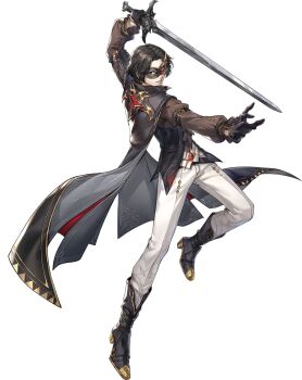 Rule 34 | 1boy, artist request, black gloves, black hair, boots, cape, eye mask, full body, gloves, highres, holding, holding sword, holding weapon, ikenami shouki, luce (p5x), mask, official art, pants, persona, persona 5, persona 5: the phantom x, smile, solo, sword, third-party source, transparent background, weapon, white pants