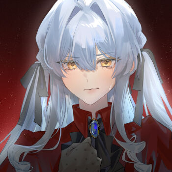 1girl bang_dream! bang_dream!_it&#039;s_mygo!!!!! black_ribbon blue_hair brooch chinese_commentary collared_shirt commentary_request crying crying_with_eyes_open gloves grey_gloves hair_between_eyes hair_ribbon highres jewelry long_hair looking_at_viewer miku17883 oblivionis_(bang_dream!) portrait red_background red_shirt ribbon shirt solo tears togawa_sakiko yellow_eyes