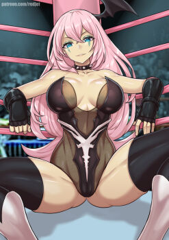 Rule 34 | 1girl, black choker, black gloves, black leotard, black thighhighs, blue eyes, boots, choker, commentary, english commentary, eyeshadow, facepaint, fingerless gloves, gloves, green eyeshadow, hair between eyes, hairband, indoors, leotard, long hair, looking at viewer, makeup, megurine luka, patreon username, pink hair, redjet, ring no seraph (vocaloid), sitting, solo, spiked choker, spikes, thighhighs, vocaloid, white boots, winged hairband, wrestling outfit, wrestling ring