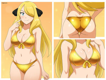 1girl alexkonakona ass bikini blue_eyes breasts cleavage closed_mouth cynthia_(pokemon) gold_bikini hair_ornament hair_over_one_eye highres index_finger_raised large_breasts long_hair multiple_views nintendo official_alternate_eye_color pokemon pokemon_dppt smile swimsuit very_long_hair yellow_background