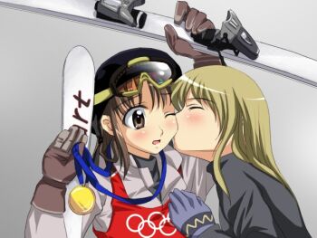 2girls blonde_hair blush brown_eyes brown_hair closed_eyes gloves goggles goggles_on_forehead goggles_on_head gold_medal helmet kiss kissing_cheek medal multiple_girls olympic_rings olympics one_eye_closed sanshita ski_goggles skier skis yuri