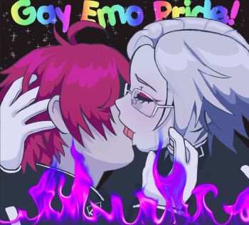 Rule 34 | 2boys, ahoge, aotsuki eito, black background, black hair, closed eyes, english text, eyelashes, fire, french kiss, glasses, gloves, hand up, highres, kiss, last defense academy school uniform, male focus, messy hair, multicolored hair, multiple boys, parted hair, pink fire, purple fire, rainbow text, red hair, simple background, sumino takumi, the hundred line -last defense academy-, tongue, upper body, white gloves, white hair, yaoi