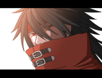 1boy black_border black_hair border cloak close-up covered_mouth final_fantasy final_fantasy_vii glowing glowing_eyes hair_between_eyes headband letterboxed long_hair looking_at_viewer male_focus messy_hair red_cloak red_eyes red_headband s_m_man solo upper_body vincent_valentine white_background