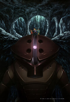 1girl 2boys absurdres acguy ambush artist_request blonde_hair boots cavern child gun gundam hair_ribbon hiding highres jumping katz_howan kikka_kitamoto letz_cofan machine_gun machinery mecha mobile_suit mobile_suit_gundam multiple_boys official_art one-eyed painting_(medium) pulling_arm realistic ribbon robot rock scan science_fiction shorts traditional_media underground walking weapon when_you_see_it zeon