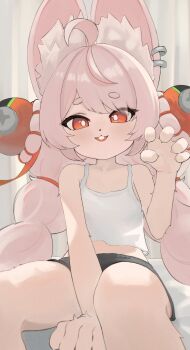 1girl absurdres ahoge animal_ear_fluff animal_ear_piercing animal_ears blush braid bright_pupils commentary doridori_(pixiv_65481427) english_commentary furry furry_female hair_ornament highres loli long_hair looking_at_viewer open_mouth original pink_fur pink_hair rabbit_ears rabbit_girl red_eyes shirt short_eyebrows solo thick_eyebrows twin_braids white_pupils zenless_zone_zero zhao_(zenless_zone_zero)