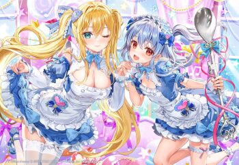 :d ;) apron aqua_eyes blonde_hair blue_dress blue_hairband blue_shorts blue_skirt breasts buttons cleavage closed_mouth copyright_name copyright_notice curtains detached_sleeves double-breasted double-parted_bangs dress frilled_apron frilled_hairband frilled_thigh_strap frills fujima_takuya giant_spoon grey_hair hair_between_eyes hairband holding_hands interlocked_fingers kagamihara_azumi lace lace-trimmed_thighhighs lace_trim large_breasts layered_sleeves lolita_fashion lolita_hairband long_hair long_sleeves looking_at_viewer maid_apron mary_janes musical_note one_eye_closed open_mouth petticoat puffy_short_sleeves puffy_sleeves red_eyes rigel_(z/x) shoes short_dress short_over_long_sleeves short_sleeves shorts skirt skirt_hold smile sparkle sweet_lolita thigh_strap thighhighs two_side_up white_apron white_thighhighs wrist_cuffs z/x