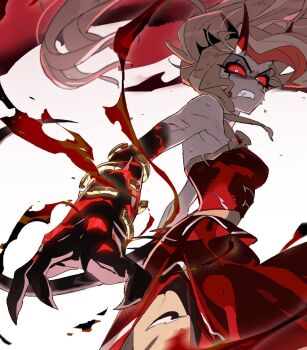 1girl angry bare_shoulders bilidongdong blonde_hair breasts charlie_morningstar claws clenched_teeth colored_sclera cowboy_shot demon_girl demon_horns dress fang hazbin_hotel hellaverse highres horns long_hair looking_at_viewer looking_to_the_side medium_breasts ponytail red_dress red_eyes red_sclera simple_background solo teeth white_background white_eyes