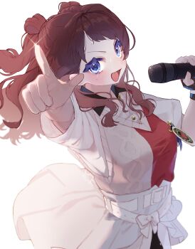 Rule 34 | 1girl, belt, blue eyes, blush, breasts, brown hair, emblem, gakuen idolmaster, hajime (idolmaster), hanami saki, highres, holding, holding microphone, idolmaster, long hair, looking at viewer, medium breasts, microphone, official alternate costume, pointing, shirt, simple background, smile, solo, two-tone sweater vest, up sleeve, white background, white shirt, yuusuke (yyy xp)