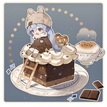 1girl animal_ears beanie blue_background blue_eyes blue_hair boots border breast_pocket brown_boots brown_sweater chibi chinese_commentary chocolate commentary_request cup ear_covers eyelashes food hair_between_eyes happy hat hatsune_miku highres kemonomimi_mode kneehighs ladder light_blush long_hair long_sleeves looking_ahead low_twintails on_food open_mouth outline oversized_sweater plate pocket pretzel puffy_long_sleeves puffy_sleeves rabbit_ears scarf shadow sitting sleeves_past_wrists smile socks solo sparkle steam striped_clothes striped_socks sweater teacup tiramisu twintails vertical-striped_clothes vertical-striped_socks very_long_hair vocaloid white_border white_hat white_outline white_scarf white_socks winter_clothes yanshuangjun
