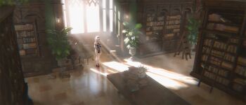 1girl black_shoes book bookshelf braid braided_twintails chinese_commentary commentary commentary_request day english_commentary highres holding holding_book indoors ladder library light_rays long_hair mixed-language_commentary original pantyhose pile_of_books plant potted_plant scenery shoes standing sunbeam sunlight table ten_ken_(s777666888) tile_floor tiles twintails very_wide_shot wall_lamp white_hair white_pantyhose window window_shadow