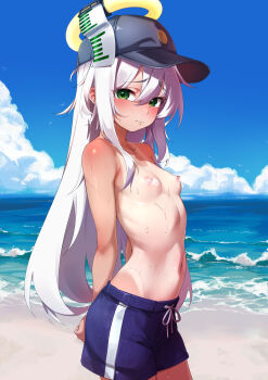 1girl absurdres arms_behind_back baseball_cap beach blue_male_swimwear blue_sky blush breasts censored closed_mouth cloud convenient_censoring cowboy_shot day double-parted_bangs fake_halo from_side green_eyes grey_hair hair_between_eyes halo hat highres hinanawi_mika hug loli long_hair looking_at_viewer looking_to_the_side male_swimwear male_swimwear_challenge nipple_piercing ocean original outdoors piercing pointless_censoring raised_inner_eyebrows simple_bird sky small_breasts solo steam steam_censor straight_hair summer sweat tan tanline topless_female turning_head variant_set very_long_hair