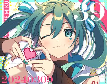 1girl 39 ;) bare_shoulders black_sleeves blush border character_name commentary dated detached_sleeves dot_nose double-parted_bangs facial_mark four-finger_heart_hands green_border green_eyes green_hair green_nails green_ribbon grid_background hair_between_eyes hair_ribbon hatsune_miku heart heart_facial_mark heart_hands heart_in_heart_hands highres long_hair looking_at_viewer mikawa_ayumu miku_day nail_polish number_tattoo one_eye_closed outside_border portrait ribbon shoulder_tattoo smile solo striped_ribbon tattoo twintails twitter_username vocaloid watermark white_background