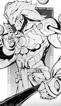 1boy absurdres artificial_eye banyue_(zenless_zone_zero) barcode black_background character_name claws clenched_hand clothed_robot clothes_around_waist commentary_request dotted_background floating_ball greyscale highres humanoid_robot jfzm001 long_hair male_focus mechanical_arms mechanical_eye mechanical_hands metal_skin monochrome orb qr_code robot robot_boy solo two-tone_background upper_body white_background white_hair zenless_zone_zero