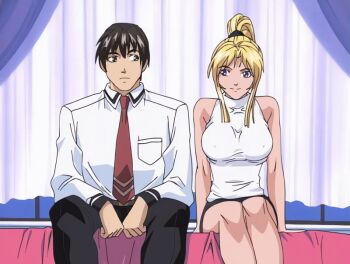 1boy 1girl 2001 animated animated_gif arm_support bed bible_black bible_black_night_of_the_walpulgiss blonde_hair breasts brown_hair drink green_eyes high_ponytail large_breasts legs long_hair minase_taki moving necktie ponytail purple_eyes saeki_kaori school_uniform short_hair skirt sleeveless smile tagme thighs