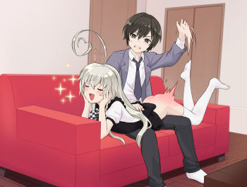1boy 1girl :d ahoge apron aroused ass ass_smack back_bow black_apron black_bow black_hair black_pants blush bow bowtie checkered_bow checkered_bowtie checkered_clothes chinese_commentary clenched_teeth closed_eyes commentary_request commission couch eyebrows_hidden_by_hair female_pervert frilled_apron frills full_body furrowed_brow grey_eyes grey_hair grey_jacket hair_between_eyes haiyore!_nyaruko-san hand_up hands_on_own_cheeks hands_on_own_face hands_up heart heart_ahoge hetero highres huge_ahoge indoors jacket knees_together_feet_apart legs_up long_hair looking_at_another lying lying_on_lap masochism motion_lines no_panties no_shoes nyarlathotep_(nyaruko-san) on_couch on_stomach open_clothes open_jacket open_mouth over_the_knee pants pervert puffy_short_sleeves puffy_sleeves riddle_aster second-party_source shirt short_sleeves sitting smile soles spanked spanking sparkle straight_hair suit_jacket sweatdrop teeth the_pose thighhighs v-shaped_eyebrows white_shirt white_thighhighs yasaka_mahiro