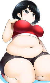 1girl big_mukimuki_&amp;_small_muchimuchi black_eyes black_hair black_shorts blunt_bangs blush breasts breasts_apart closed_mouth dot_mouth fat highres hinoharaf_(14310486) large_breasts medium_hair mole mole_on_stomach muffin_top navel red_sports_bra seza shiina_(big_mukimuki_&amp;_small_muchimuchi) shorts sidelocks simple_background solo sports_bra thick_eyebrows thick_thighs thighs white_background