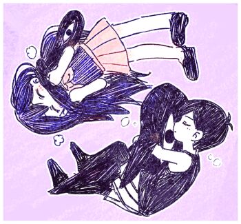 Rule 34 | 1boy, 1girl, antenna hair, black hair, black scarf, black shoes, black tank top, black thighhighs, blush, brother and sister, character doll, closed eyes, closed mouth, colored skin, commentary request, doll, double-parted bangs, hair between eyes, holding, holding stuffed toy, knee up, long hair, mari (headspace) (omori), mari (omori), neckerchief, omori, omori (omori), pleated skirt, purple hair, purple sweater vest, rasu (pixiv9799832), red neckerchief, red skirt, scarf, shoes, short hair, shorts, siblings, skirt, something (omori), spoilers, squeans, striped clothes, striped shorts, stuffed animal, stuffed toy, sweater vest, tank top, thighhighs, vertical-striped clothes, vertical-striped shorts, white shorts, white skin