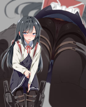 10s 1girl asashio_(kancolle) belt black_hair black_pantyhose black_vest blood blue_eyes blush buttons clothes_lift collared_shirt double-breasted dress dress_lift eyebrows from_below grey_background highres kantai_collection lifting_own_clothes long_hair long_sleeves looking_at_viewer menstruation mtu_(orewamuzituda) multiple_views neck_ribbon nose_blush open_clothes open_shirt panties panties_under_pantyhose pantyhose pantyshot pinafore_dress pink_panties red_ribbon ribbon rigging shirt simple_background skirt skirt_lift sleeveless sleeveless_dress standing teardrop thigh_strap thighband_pantyhose underwear vest white_shirt wing_collar