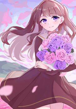 1girl blush bouquet brown_dress brown_hair closed_mouth commentary_request cowboy_shot dress falling_petals flower fujishima_megumi hasu_no_sora_school_uniform highres hisaka holding holding_bouquet link!_like!_love_live! long_hair long_sleeves looking_at_viewer love_live! medium_dress petals pink_flower pink_petals pink_rose pleated_dress purple_eyes purple_flower purple_rose rose sailor_collar sailor_dress school_uniform smile solo speech_bubble split_mouth two_side_up virtual_youtuber white_sailor_collar winter_uniform