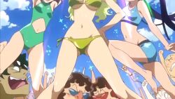 3girls animated anime_screenshot ball beachball between_legs bikini black_hair blonde_hair blue_bikini blush breasts brown_hair cleavage collarbone green_one-piece_swimsuit grin kinon_bachika kittan_bachika kiyal_bachika kiyoh_bachika large_breasts legs long_hair looking_at_viewer medium_breasts multiple_girls navel one-piece_swimsuit open_mouth siblings sisters smile sound swimsuit tagme tengen_toppa_gurren_lagann thighs video view_between_legs yellow_bikini