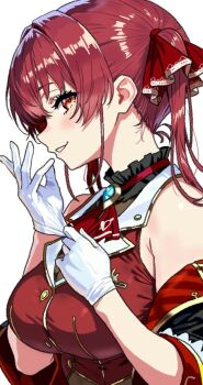 1girl arrow_through_heart blush breasts brown_leotard fgk_miyabi gloves hair_ribbon highres hololive hololive_fantasy houshou_marine houshou_marine_(1st_costume) jacket large_breasts leotard leotard_under_clothes long_hair no_eyepatch open_mouth pirate putting_on_gloves red_eyes red_hair red_jacket ribbon simple_background sleeveless sleeveless_jacket smile solo twintails virtual_youtuber white_background white_gloves