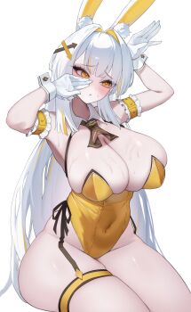 Rule 34 | 1girl, absurdres, animal ears, bare shoulders, black survival, bow, breasts, cleavage, detached collar, eternal return: black survival, gloves, hanu (akdz8282), highleg, highleg leotard, highres, large breasts, leotard, long hair, minami rio, minami rio (winning shot), multicolored hair, official alternate costume, playboy bunny, rabbit ears, solo, streaked hair, sweat, very long hair, very sweaty, white hair, wrist cuffs, yellow leotard