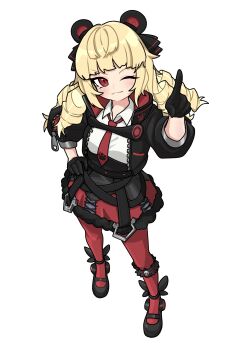1girl absurdres animal_ears bear_ears black_gloves blonde_hair blonde_ojousama_(sagix) blush commission drill_hair fake_animal_ears full_body ghostfox9 gloves highres jacket long_hair looking_at_viewer mary_janes necktie one_eye_closed original pantyhose pixiv_commission pointing pointing_up red_pantyhose shoes skirt smile solo