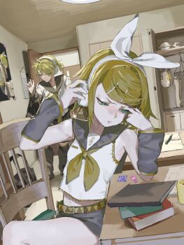 1boy 1girl adjusting_headphones belt black_shorts blonde_hair book bow chair closed_mouth detached_sleeves finger_on_forehead furrowed_brow hair_ornament hairclip headphones highres indoors kagamine_len kagamine_rin looking_to_the_side medium_hair midriff_peek neckerchief on_chair phyordi_9y9 ponytail short_ponytail shorts sitting vocaloid white_bow yellow_belt yellow_neckerchief