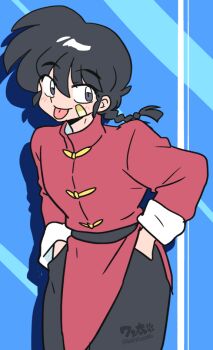 1boy :p artist_name bandaid bandaid_on_face black_hair black_pants blue_background braid braided_ponytail chinese_clothes closed_mouth cowboy_shot drop_shadow grey_eyes hands_in_pockets long_hair long_sleeves male_focus pants ranma_1/2 saotome_ranma signature single_braid solo tongue tongue_out wanta_(futoshi)