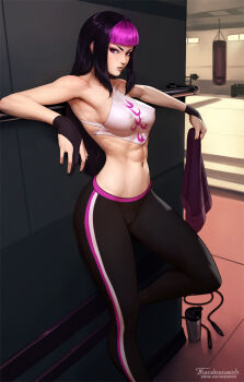 1girl abs alternate_hairstyle bare_back bare_shoulders black_hair blunt_bangs bottle breasts cameltoe capcom chinese_clothes covered_erect_nipples drill_hair dudou eyeliner female_focus gloves gym hair_down halterneck han_juri highres makeup multicolored_hair official_alternate_costume pants partially_fingerless_gloves pink_hair purple_eyes skin_tight sleeveless solo sports_bottle stomach street_fighter striped_clothes striped_pants tarakanovich toned two-tone_hair vertical_stripes watermark web_address yoga_pants