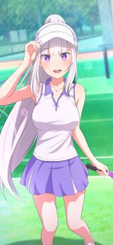 1girl absurdres alternate_costume bare_shoulders blunt_bangs blurry blurry_background breasts chain-link_fence collared_shirt commentary_request day elf emilia_(re:zero) feet_out_of_frame fence grass grey_hair hand_on_headwear high_ponytail highres holding holding_racket holding_tennis_racket large_breasts lens_flare light_blush long_hair looking_at_viewer na-suke open_mouth outdoors pleated_skirt pointy_ears ponytail purple_eyes purple_skirt racket re:zero_kara_hajimeru_isekai_seikatsu shirt skirt sleeveless sleeveless_shirt smile solo sportswear standing tennis_court tennis_racket tennis_uniform tree very_long_hair visor_cap white_shirt