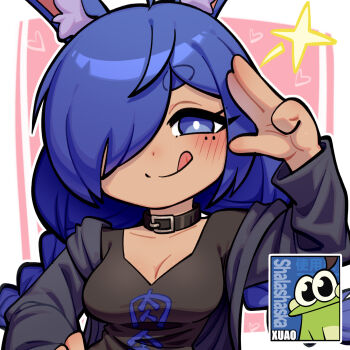 1girl animal_ears black_jacket black_shirt blue_eyes blue_hair border braid breasts bright_pupils chinese_commentary cleavage collar commentary_request commission dark-skinned_female dark_skin hand_on_own_hip heart highres jacket looking_at_viewer low_twin_braids medium_breasts open_clothes open_jacket original pink_background rabbit_ears shirt solo sparkle thick_eyelashes thick_lineart tongue tongue_out twin_braids upper_body watermark white_border white_pupils xuao2000