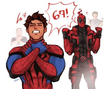 Rule 34 | 2boys, 67 (meme), artist name, aztexarts, belt, belt pouch, black bodysuit, blue bodysuit, blush, bodysuit, brown hair, clenched hands, clenched teeth, closed eyes, commentary, covered abs, covered collarbone, cropped jacket, deadpool, deadpool (series), english commentary, freckles, hands on own neck, hands up, highres, holster, jacket, male focus, marvel, marvel rivals, mask, meme, multicolored bodysuit, multiple boys, notice lines, open clothes, open jacket, pectorals, peter parker, photo inset, pouch, red bodysuit, red jacket, reference inset, short hair, signature, simple background, speech bubble, spider-man, spider-man (original suit), spider-man (series), spider web print, superhero costume, teeth, thigh holster, thigh strap, upper body, white background