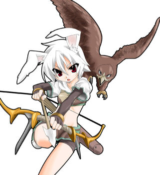 1girl aiming aiming_at_viewer animal_ears arrow_(projectile) bike_shorts bird bow_(weapon) breasts brown_gloves brown_shirt brown_shorts brown_skirt commentary_request cropped_jacket drawing_bow elbow_gloves falcon fingerless_gloves foot_out_of_frame gloves holding holding_bow_(weapon) holding_weapon hunter_(ragnarok_online) jacket looking_at_viewer medium_breasts midriff miniskirt navel open_mouth quiver rabbit_ears rabbit_girl ragnarok_online red_eyes running shirt short_hair short_shorts short_sleeves shorts shorts_under_skirt simple_background skirt solo takeya_yuuki v-shaped_eyebrows weapon white_background white_hair white_jacket