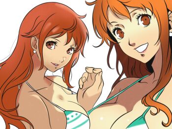 Rule 34 | 1girl, 2025, bare shoulders, bikini, bikini top only, breasts, brown eyes, cleavage, collarbone, commentary, earrings, english commentary, eyelashes, green bikini, grin, halterneck, highres, jewelry, large breasts, long hair, looking at viewer, multiple views, nami (one piece), nami (one piece) (return to sabaody), official alternate costume, one piece, orange hair, parody, parted lips, pearl earrings, persona, pink lips, shoulder tattoo, simple background, single sidelock, smile, soejima shigenori (style), strap gap, striped bikini, striped clothes, style parody, swimsuit, tattoo, upper body, wavy hair, white background, windriftdraws