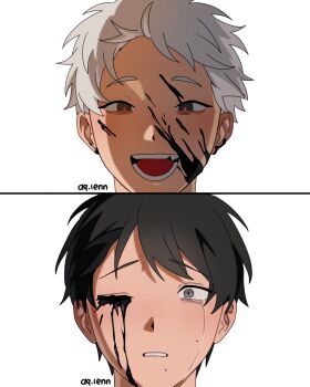 2boys aqlenn black_blood black_hair blood blood_on_face closed_mouth crying crying_with_eyes_open fang grey_eyes hashtag-only_commentary highres hikaru_ga_shinda_natsu indou_hikaru male_focus mole mole_on_cheek mole_under_eye mole_under_mouth multiple_boys multiple_moles one_eye_closed open_mouth red_pupils short_eyebrows short_hair simple_background slit_pupils tears teeth tongue tsujinaka_yoshiki twitter_username white_background white_hair