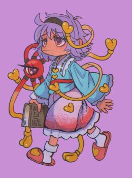 1girl :| absurdres antenna_hair aqua_shirt black_hairband book buttons closed_mouth commentary_request disembodied_eye dot_nose eyelashes floral_print floral_print_skirt frilled_shirt_collar frilled_skirt frilled_sleeves frills hair_ornament hairband heart heart_button heart_hair_ornament highres holding holding_book inuyama_konan komeiji_satori medium_hair pink_eyes pink_skirt pink_slippers print_skirt purple_background purple_hair purple_pupils raised_inner_eyebrows ribbon_trim shirt simple_background skirt slippers socks solo third_eye touhou walking white_socks wide_sleeves