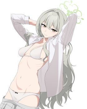 1girl absurdres arms_behind_head arms_up black_bow blue_archive bow bow_panties bra breasts brown_eyes closed_mouth clothes_pull collarbone collared_shirt commentary cowboy_shot dutch_angle green_halo grey_hair grey_skirt hair_between_eyes hair_intakes halo highres light_blush long_hair long_sleeves looking_at_viewer mandara3a medium_breasts miyo_(blue_archive) navel open_clothes open_shirt panties plaid_clothes plaid_skirt ribs school_uniform shirt sideboob sidelocks simple_background skirt skirt_pull solo standing stomach underwear undressing very_long_hair wavy_hair white_background white_bra white_panties white_shirt