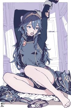 1girl arms_up bare_legs barefoot blue_eyes blue_hair blue_tunic breasts commission fire_emblem fire_emblem_awakening hair_between_eyes highres legs long_hair long_sleeves lucina_(fire_emblem) nintendo open_mouth shelovesbali small_breasts solo stretching tiara tunic yawning