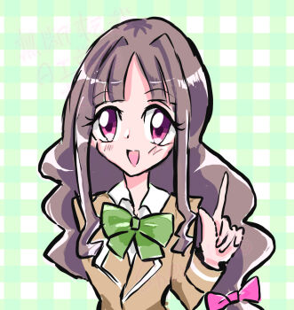 blush brown_hair digimon digimon_ghost_game looking_at_viewer my_(pixiv587991) open_mouth purple_eyes ribbon school_uniform smile tsukiyono_ruli