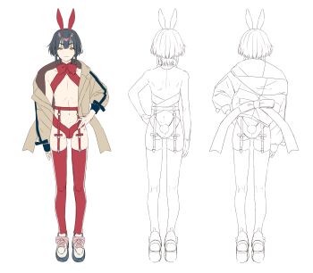 Rule 34 | 1boy, absurdres, animal ears, black hair, bulge, flat color, garter belt, garter straps, hand on own hip, highres, light smile, lineart, long legs, looking at viewer, omiyacha, original, rabbit ears, red thighhighs, reference sheet, revealing clothes, shoes, sneakers, thighhighs, trap, white background