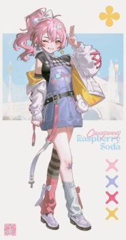 1girl ;d absurdres ahoge artist_name asymmetrical_legwear belt black_belt black_shirt blue_dress bow breasts character_name dress earrings full_body grin hair_bow hair_ornament hand_up high_ponytail highres jacket jewelry leg_warmers light_blush long_hair long_sleeves looking_at_viewer medium_breasts mismatched_leg_warmers one_eye_closed open_clothes open_jacket open_mouth original pink_leg_warmers pink_ribbon ponytail rabbit_hair_ornament raspberry_soda_(yunny) ribbon salute shirt short_dress single_earring single_thighhigh smile solo star_(symbol) star_earrings striped_clothes striped_thighhighs thighhighs two-finger_salute white_bow white_jacket white_leg_warmers white_ribbon yellow_eyes yunny_(cureyunny)