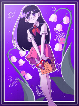 Rule 34 | 1girl, apple, banana, basket, black sweater vest, blush, closed mouth, collared shirt, colored skin, commentary request, food, fruit, hair behind ear, holding, holding basket, long hair, mari (headspace) (omori), mari (omori), neckerchief, omori, picnic basket, pleated skirt, purple eyes, purple hair, red neckerchief, red skirt, shirt, skirt, smile, solo, sweater vest, white shirt, white skin, zabalam inana